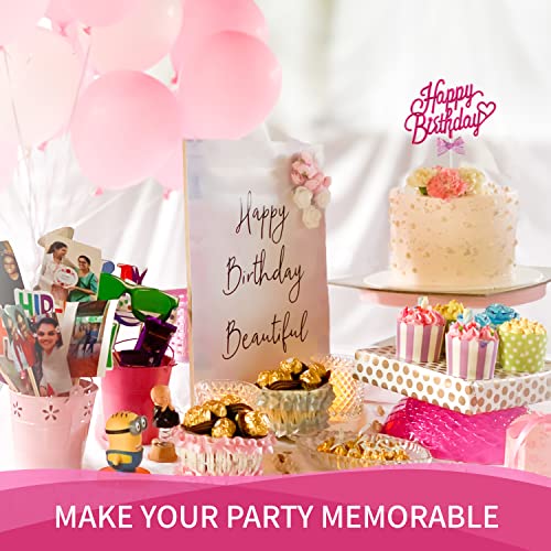 Hot Pink Happy Birthday Cake Topper Plastic - 3D Double Sided Happy Birthday Sign for Cake with Bow, Idea for Birthday Cake Decoration and Birthday Photo Booth Props (HOT PINK)