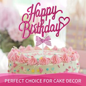 Hot Pink Happy Birthday Cake Topper Plastic - 3D Double Sided Happy Birthday Sign for Cake with Bow, Idea for Birthday Cake Decoration and Birthday Photo Booth Props (HOT PINK)