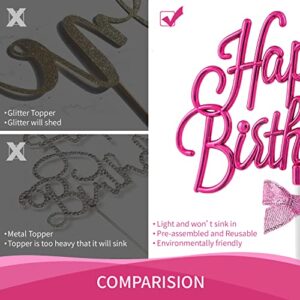 Hot Pink Happy Birthday Cake Topper Plastic - 3D Double Sided Happy Birthday Sign for Cake with Bow, Idea for Birthday Cake Decoration and Birthday Photo Booth Props (HOT PINK)