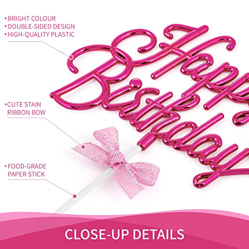 Hot Pink Happy Birthday Cake Topper Plastic - 3D Double Sided Happy Birthday Sign for Cake with Bow, Idea for Birthday Cake Decoration and Birthday Photo Booth Props (HOT PINK)