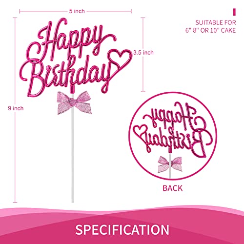 Hot Pink Happy Birthday Cake Topper Plastic - 3D Double Sided Happy Birthday Sign for Cake with Bow, Idea for Birthday Cake Decoration and Birthday Photo Booth Props (HOT PINK)