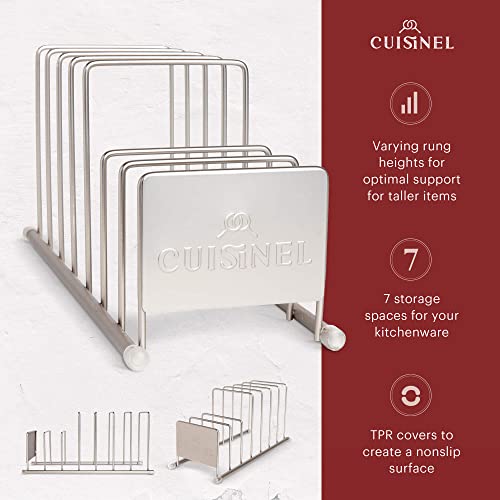 Cuisinel Lid and Dish Organizer Rack - Satin Nickel Silver Kitchen Storage Organization Stand - Plate Holder, Pan/Pot Covers, Cutting Board and Cookie Sheet Divider - 7-Tier Cabinet/Counter Display