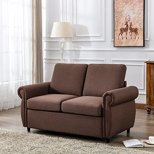 RUNNA Modern Linen Pull Out Sofa Bed Sleeper Sofa Bed with Twin Memory Foam Mattress,Convertible Sleeper Sofa Bed with Removable Backrest and Cushion,for Small Spaces (Brown), Full