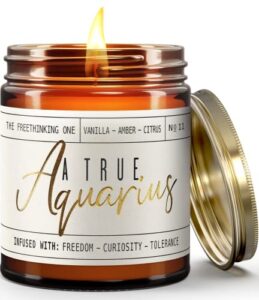 aquarius gifts for women, zodiac gifts - a true aquarius soy zodiac candle, w/vanilla, amber & citrus i astrology gifts for women i 9oz reusable amber glass jar, 50 hr burn time, made in usa