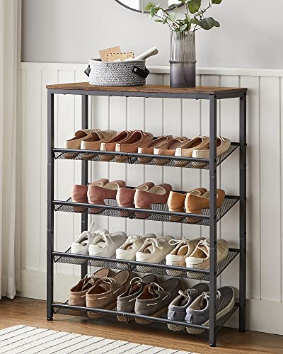 VASAGLE Shoe Rack for Entryway, 5 Tier Shoe Storage Shelves, 16-20 Pairs Shoe Organizer, with Sturdy Wooden Top and Steel Frame, Free Standing, Industrial, Rustic Brown and Black ULBS038B01