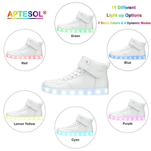 APTESOL Unisex LED Shoes High Top Light Up Sneakers USB Rechargeable Flashing Shoes for Women Men (White,8 Women/6.5 Men)