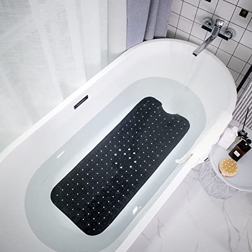 Linoows Bathtub and Shower Mats, Extra Long Non-Slip Bath Mat 39 x 16 Inch, Machine Washable Bath Tub Mat with Suction Cups & Drain Holes for Bathroom, Black