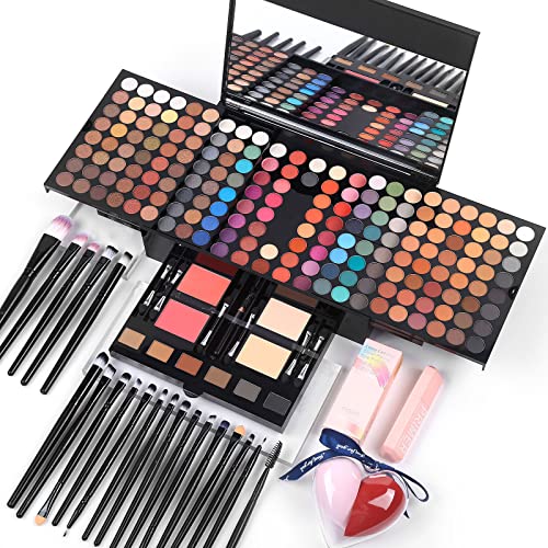 Makeup Gift Sets For Women - 190 Colors Makeup Palette Include Eyeshadow, Blushes, Eyebrow Powder, Eyeliner Pencil, Mirror + 20 Pcs Brushes + Eyeshadow Base Primer + 2Pcs Heart Shape Sponge Puff