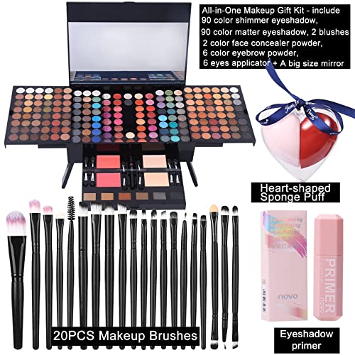 Makeup Gift Sets For Women - 190 Colors Makeup Palette Include Eyeshadow, Blushes, Eyebrow Powder, Eyeliner Pencil, Mirror + 20 Pcs Brushes + Eyeshadow Base Primer + 2Pcs Heart Shape Sponge Puff