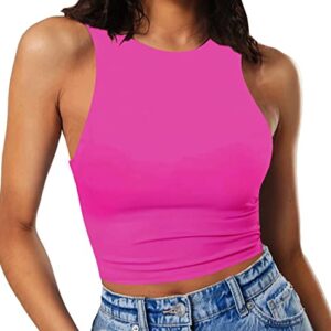 Artfish Women's Sleeveless Cropped Shirts High Neck Stretchy Fitted Basic Crop Tank Top (Hot Pink, XS)