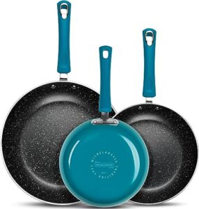 michelangelo non stick frying pans set, 3 piece frying pans nonstick, enamel pan sets for cooking nonstick, 8 inch, 9.5 inch and 11 inch nonstick frying pan set with silicone handle, cyan