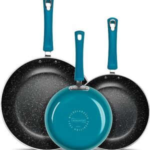 MICHELANGELO Non Stick Frying Pans Set, 3 Piece Frying Pans Nonstick, Enamel Pan Sets for Cooking Nonstick, 8 Inch, 9.5 Inch and 11 Inch Nonstick Frying Pan Set with Silicone Handle, Cyan