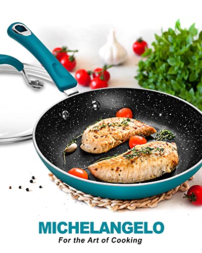 MICHELANGELO Non Stick Frying Pans Set, 3 Piece Frying Pans Nonstick, Enamel Pan Sets for Cooking Nonstick, 8 Inch, 9.5 Inch and 11 Inch Nonstick Frying Pan Set with Silicone Handle, Cyan