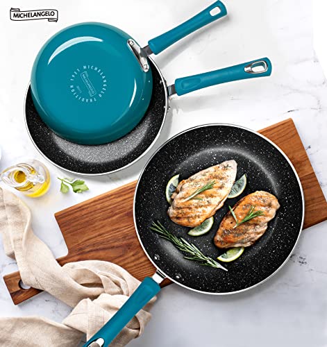 MICHELANGELO Non Stick Frying Pans Set, 3 Piece Frying Pans Nonstick, Enamel Pan Sets for Cooking Nonstick, 8 Inch, 9.5 Inch and 11 Inch Nonstick Frying Pan Set with Silicone Handle, Cyan