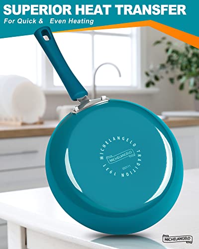 MICHELANGELO Non Stick Frying Pans Set, 3 Piece Frying Pans Nonstick, Enamel Pan Sets for Cooking Nonstick, 8 Inch, 9.5 Inch and 11 Inch Nonstick Frying Pan Set with Silicone Handle, Cyan