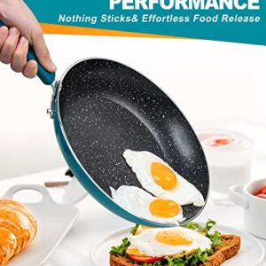 MICHELANGELO Non Stick Frying Pans Set, 3 Piece Frying Pans Nonstick, Enamel Pan Sets for Cooking Nonstick, 8 Inch, 9.5 Inch and 11 Inch Nonstick Frying Pan Set with Silicone Handle, Cyan