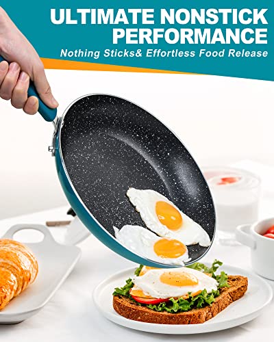 MICHELANGELO Non Stick Frying Pans Set, 3 Piece Frying Pans Nonstick, Enamel Pan Sets for Cooking Nonstick, 8 Inch, 9.5 Inch and 11 Inch Nonstick Frying Pan Set with Silicone Handle, Cyan
