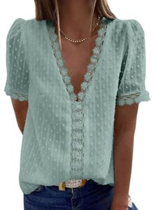 dokotoo women's summer lace v-neck flowy short sleeve casual loose tunic top - light green, l