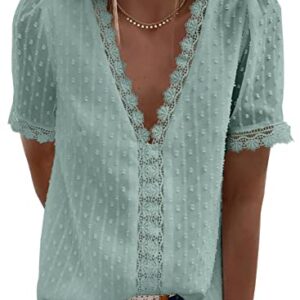 Dokotoo Women's Summer Lace V-Neck Flowy Short Sleeve Casual Loose Tunic Top - Light Green, L