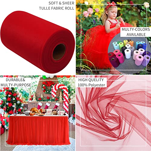 Red Tulle Fabric Rolls 6 Inch by 100 Yards (300 feet) Fabric Spool Tulle Ribbon for DIY Red Tutu Bow Baby Shower Birthday Party Wedding Decorations Christmas Craft Supplies