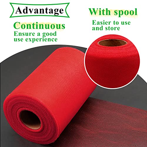 Red Tulle Fabric Rolls 6 Inch by 100 Yards (300 feet) Fabric Spool Tulle Ribbon for DIY Red Tutu Bow Baby Shower Birthday Party Wedding Decorations Christmas Craft Supplies