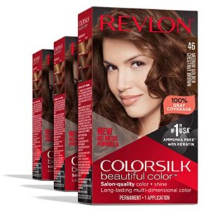 revlon permanent hair color, permanent brown hair dye, colorsilk with 100% gray coverage, ammonia-free, keratin and amino acids, brown shades (pack of 3)