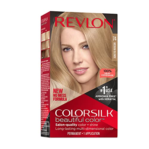 Revlon Colorsilk Beautiful Color Permanent Hair Color, Long-Lasting High-Definition Color, Shine & Silky Softness with 100% Gray Coverage, Ammonia Free, 074 Medium Blonde, 1 Pack