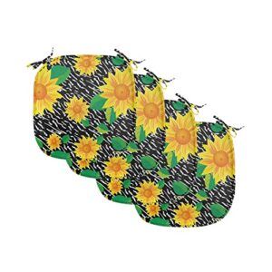 lunarable floral chair seating cushion set of 4, view of sunflowers on a background of monochrome stripes, anti-slip seat padding for kitchen & patio, 16"x16", charcoal grey yellow