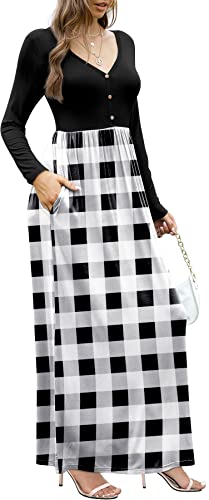 GRECERELLE Women's Long Sleeve Casual V Neck Plain Floral Print Maxi Dresses with Pockets Long Dress