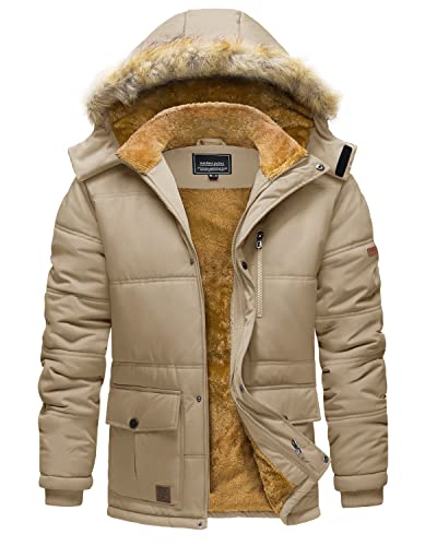 TACVASEN Men's Parka Jacket Winter Warm Fleece Liner Snow Ski Hiking Coats Hooded Khaki, L