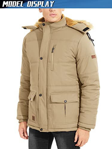 TACVASEN Men's Parka Jacket Winter Warm Fleece Liner Snow Ski Hiking Coats Hooded Khaki, L