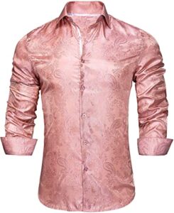 hi-tie long sleeve rose gold paisley men's dress shirts blush pink silk designer regular fit casual button down shirt prom