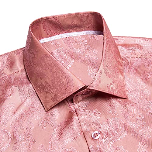 Hi-Tie Long Sleeve Rose Gold Paisley Men's Dress Shirts Blush Pink Silk Designer Regular Fit Casual Button Down Shirt Prom