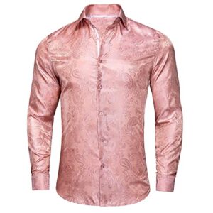 Hi-Tie Long Sleeve Rose Gold Paisley Men's Dress Shirts Blush Pink Silk Designer Regular Fit Casual Button Down Shirt Prom