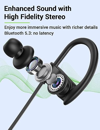 Stiive Bluetooth Headphones, 5.3 Wireless Sports Earbuds IPX7 Waterproof with Mic, Stereo Sweatproof in-Ear Earphones, Noise Cancelling Headsets for Gym Running Workout, 16 Hours Playtime - BlackGrey