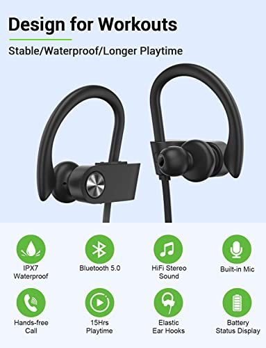 Stiive Bluetooth Headphones, 5.3 Wireless Sports Earbuds IPX7 Waterproof with Mic, Stereo Sweatproof in-Ear Earphones, Noise Cancelling Headsets for Gym Running Workout, 16 Hours Playtime - BlackGrey