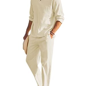 COOFANDY Men's 2 Pieces Cotton Linen Set Henley Shirt Long Sleeve and Casual Beach Pants Summer Yoga Outfits