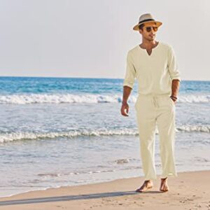 COOFANDY Men's 2 Pieces Cotton Linen Set Henley Shirt Long Sleeve and Casual Beach Pants Summer Yoga Outfits