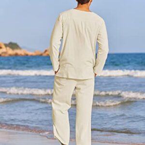 COOFANDY Men's 2 Pieces Cotton Linen Set Henley Shirt Long Sleeve and Casual Beach Pants Summer Yoga Outfits