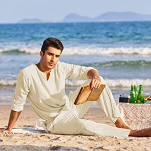 COOFANDY Men's 2 Pieces Cotton Linen Set Henley Shirt Long Sleeve and Casual Beach Pants Summer Yoga Outfits