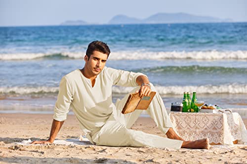 COOFANDY Men's 2 Pieces Cotton Linen Set Henley Shirt Long Sleeve and Casual Beach Pants Summer Yoga Outfits