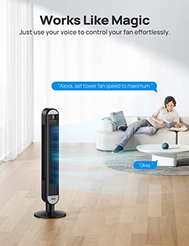 Dreo Smart Tower Fans for Home, 90° Oscillating Fan for Bedroom Indoors, Voice Control Floor Fan with 12H Timer, 42 Inch Quiet Bladeless Standing Fan with LED Display, 6 Speeds, Work with Alexa/Google