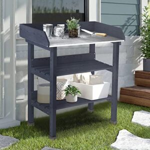 Elevens Potting Bench Tables Outdoor, Potting Table Garden Work Station Metal Tabletop Solid Wood Planting Bench with 2 Tier Storage Open Shelf (4 Feet/Grey)