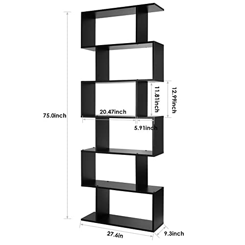 Function Home Geometric Bookcase Wood, S Shaped Bookshelf 6-Tier, Modern Freestanding Multifunctional Decorative Storage Shelving Display Shelves, Black Book Shelf Tall Narrow for Bedroom Living Room