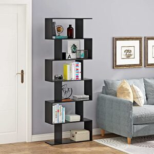 Function Home Geometric Bookcase Wood, S Shaped Bookshelf 6-Tier, Modern Freestanding Multifunctional Decorative Storage Shelving Display Shelves, Black Book Shelf Tall Narrow for Bedroom Living Room