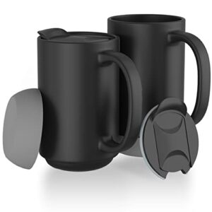extra large ceramic coffee mug w/lid and removable silicone base - 17 ounce slideproof coffee cups w/handle and sip and cover lid - set of 2 dishwasher safe ceramic travel mugs - reusable black cup