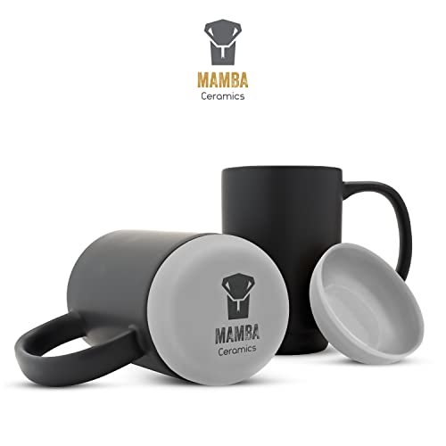 Extra Large Ceramic Coffee Mug w/Lid and Removable Silicone Base - 17 ounce Slideproof Coffee Cups w/Handle and Sip and Cover Lid - Set of 2 Dishwasher Safe Ceramic Travel Mugs - Reusable Black Cup