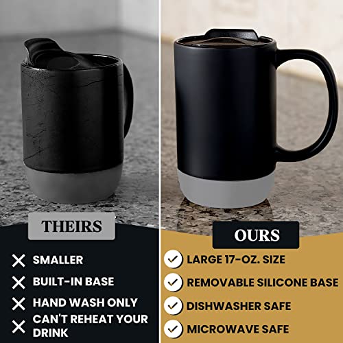 Extra Large Ceramic Coffee Mug w/Lid and Removable Silicone Base - 17 ounce Slideproof Coffee Cups w/Handle and Sip and Cover Lid - Set of 2 Dishwasher Safe Ceramic Travel Mugs - Reusable Black Cup
