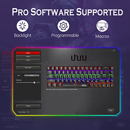 UHURU Mechanical Gaming Keyboard, UMK-100 Wired 60% 68 Keys Mechanical Keyboard with Palm Rest, Blue Switches, 20 RGB Backlights, Full Keys Anti-ghosting, Pro Driver Supported