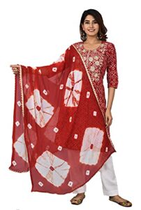 vrnda women's cotton straight bandhej printed kurta with yoke embroidery red kurti with white pant and printed dupatta set (l)